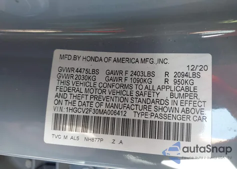 2021 Honda Accord Sport 2.0T из США, поврежденный, VIN 1HGCV2F30MA006412